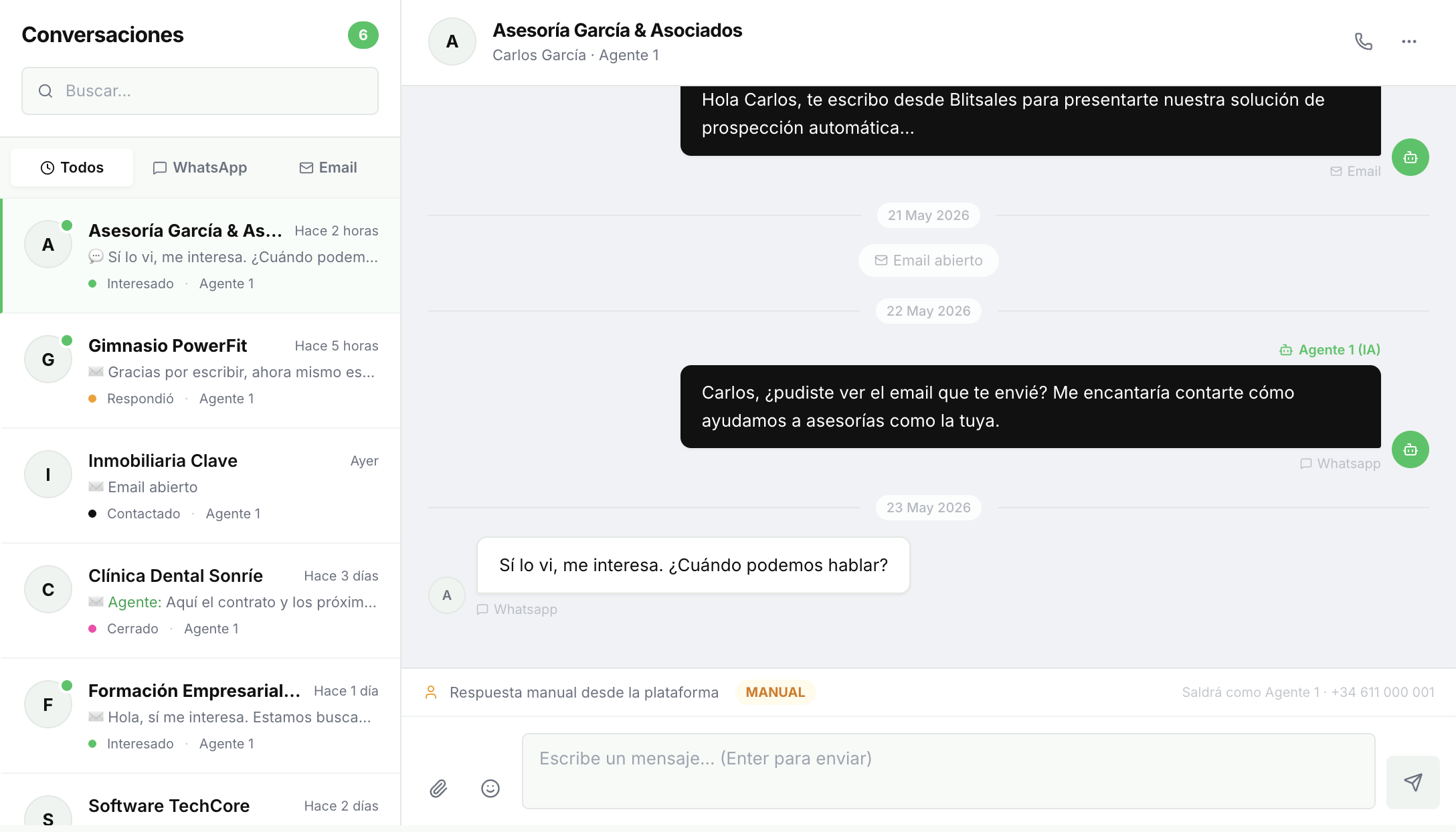BlitSales conversaciones – inbox email y WhatsApp